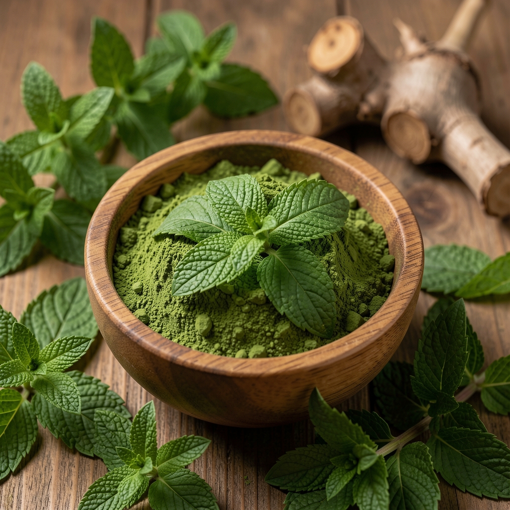 Makrouzjęcie świeżych liści zielonej herbaty matcha w drewnianej misce, wokół rozsypane zielone liście baobabu i mięty – naturalna tekstura i głęboka zieleń