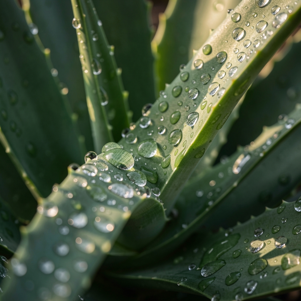 Makrofotografia kropelek wody na zielonych liściach aloesu w porannym świetle, krople błyszczą jak diamenty na ciemnozielonej powierzchni – motyw nawodnienia i czystości